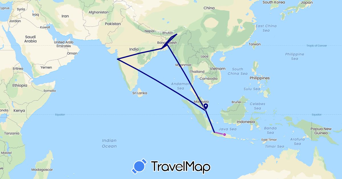 TravelMap itinerary: driving, train in Bangladesh, Indonesia, India, Singapore (Asia)